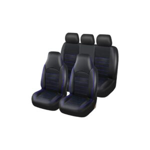 Juego de fundas de asientos de coche en color negro con costuras azules, diseño elegante y ajuste universal para la mayoría de vehículos