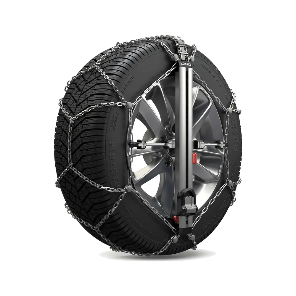 König Easy Fit snow chains installed on a car tire featuring external mounting and fast self-tightening system