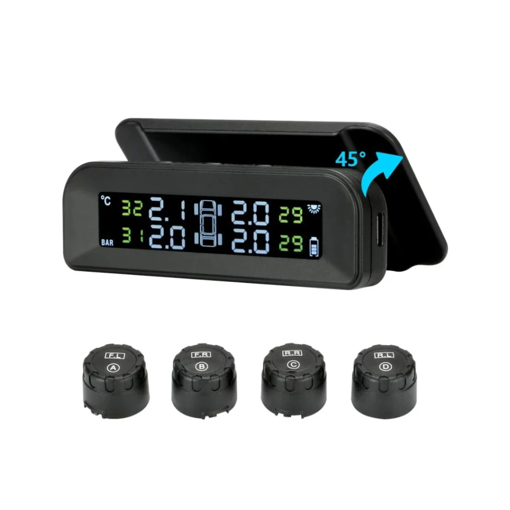 Sistema Geloo TPMS mostrando valores en bar, pantalla ancha retroiluminada y cuatro sensores externos resistentes al agua.