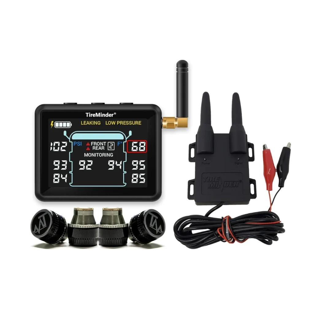 Kit TireMinder i10 para autocaravanas: monitor a color con antena, repetidor de señal y cuatro sensores de neumático metálicos.