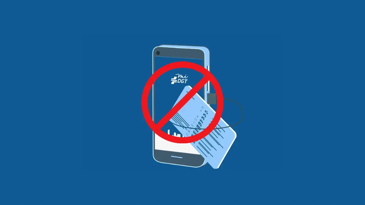 Ilustración de la app MiDGT y un carnet de conducir tachado con símbolo de prohibido