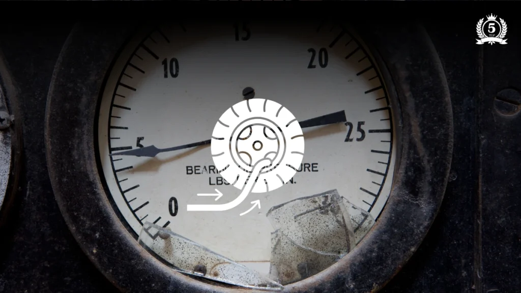 Manómetro vintage roto con icono blanco de rueda y flecha, simbolizando la monitorización de la presión de neumáticos (TPMS).