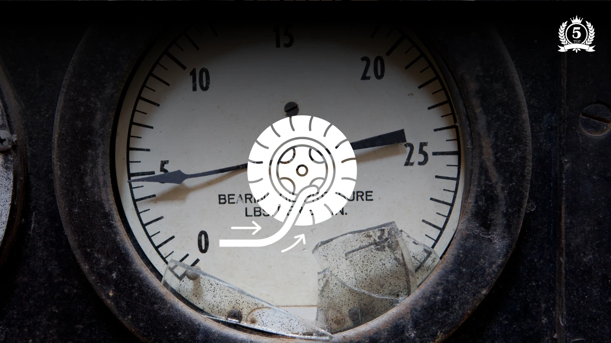 Manómetro vintage roto con icono blanco de rueda y flecha, simbolizando la monitorización de la presión de neumáticos (TPMS).
