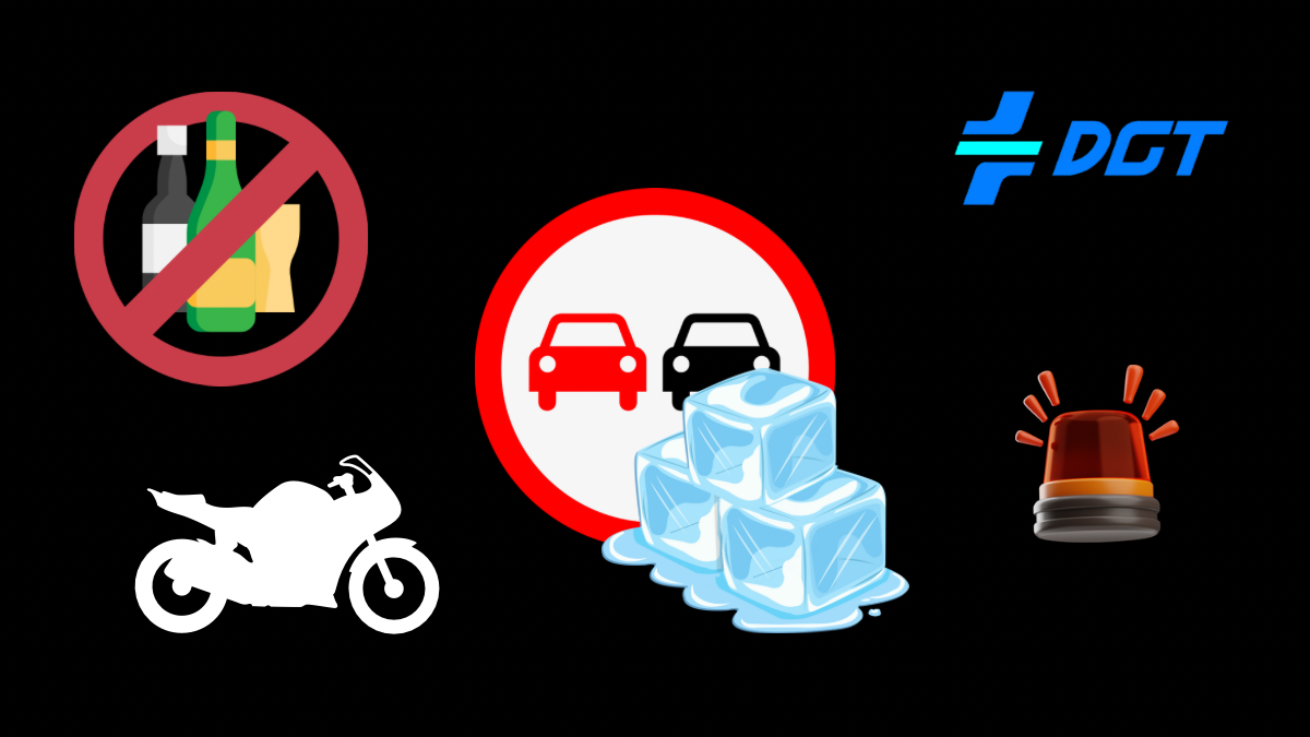 Ilustración de los cambios de tráfico de la DGT en mayo 2025, incluyendo prohibición de alcohol, restricciones de adelantamiento con hielo, nuevas normas para motoristas y uso obligatorio de balizas de emergencia.