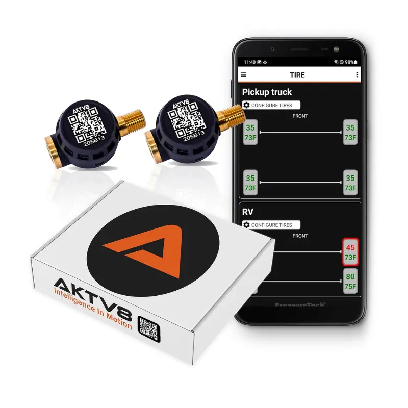 Two AKTV8 external TPMS sensors, product box, and mobile app interface showing real-time tire pressure and temperature
