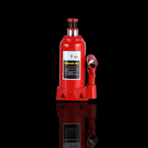 Gato hidráulico de botella rojo de 8 toneladas con diseño compacto y resistente para elevación de vehículos pesados.