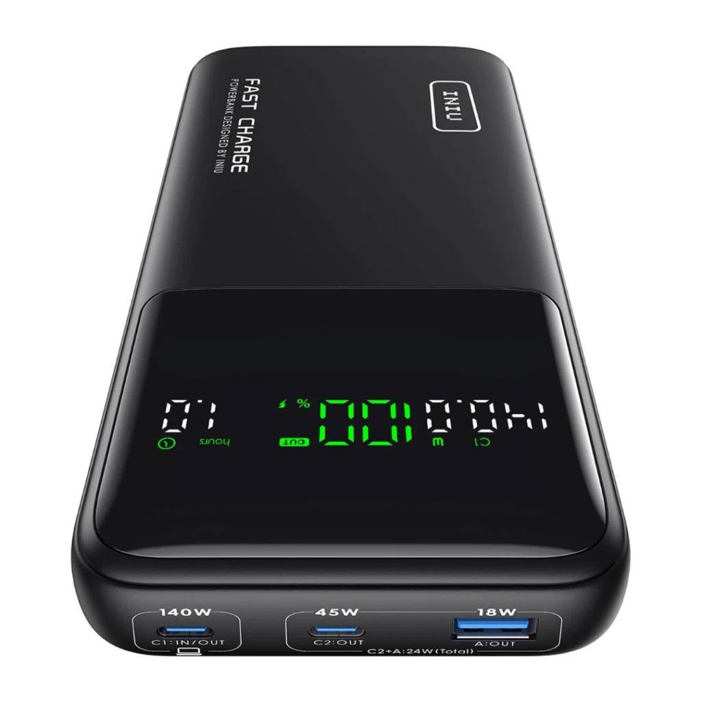 Cargador portátil INIU B64 de 27 000 mAh con pantalla digital y carga rápida de 140 W, perfecto para viajes en coche