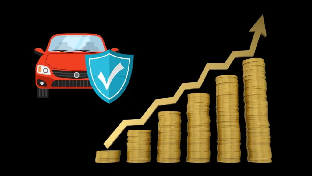 Ilustración de coche con escudo de seguro y monedas en aumento, simbolizando la subida del precio del seguro de coche.