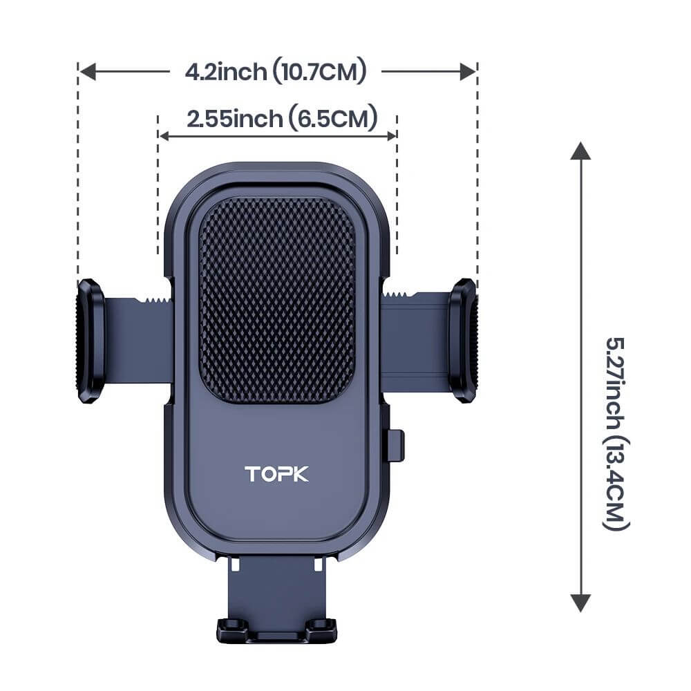 Dimensions of the TOPK mobile phone holder with extendable arms and a height of 13.4 cm