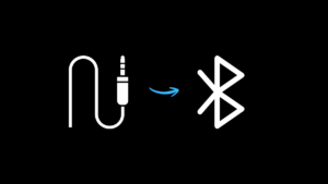 Ilustración de un conector jack que se transforma en el símbolo de Bluetooth para mostrar cómo convertir el audio del coche en inalámbrico.