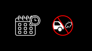 Icono de calendario con reloj junto a señal de prohibido a coches contaminantes, representando el calendario de zonas de bajas emisiones en España.