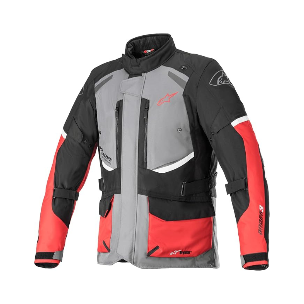Blouson de moto de tourisme imperméable Alpinestars gris, noir et rouge avec protections et doublure thermique