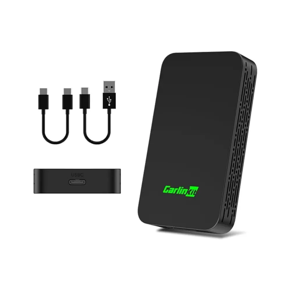 CarlinKit adapter to convert wired CarPlay to wireless CarPlay, with included USB-C and USB-A adapters.