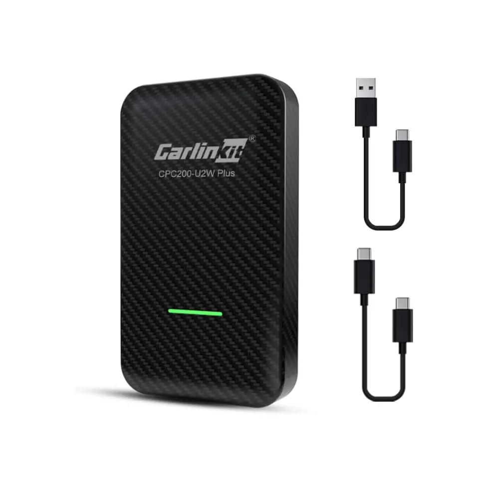 CarlinKit CPC200-U2W Plus adapter with carbon fiber finish and LED light, includes USB cables for wireless CarPlay
