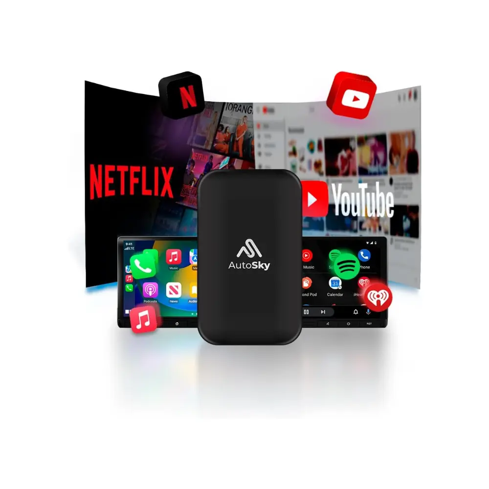 AutoSky adapter for wireless CarPlay with promotional image of Netflix and YouTube and car infotainment screens.