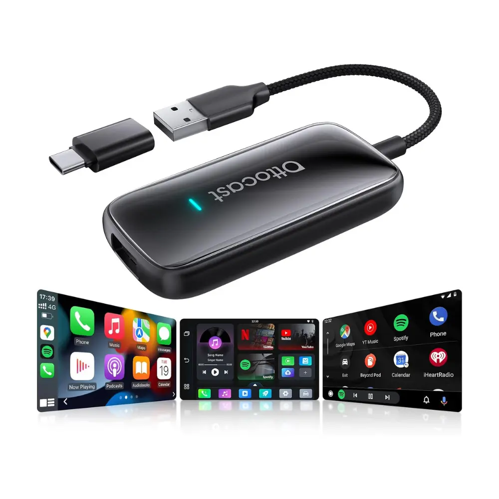 Ottocast wireless CarPlay adapter with USB-A to USB-C cable and adapter, shown alongside CarPlay interfaces and multimedia apps. Select 78 more words to run Humanizer.