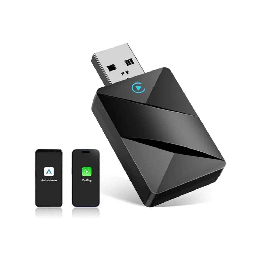 USB dongle to convert wired CarPlay and Android Auto to wireless, compact design in black.