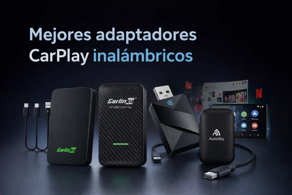 Featured image with five wireless CarPlay adapters on a dark blue background, with the text “Best Wireless CarPlay Adapters” in white and light blue.