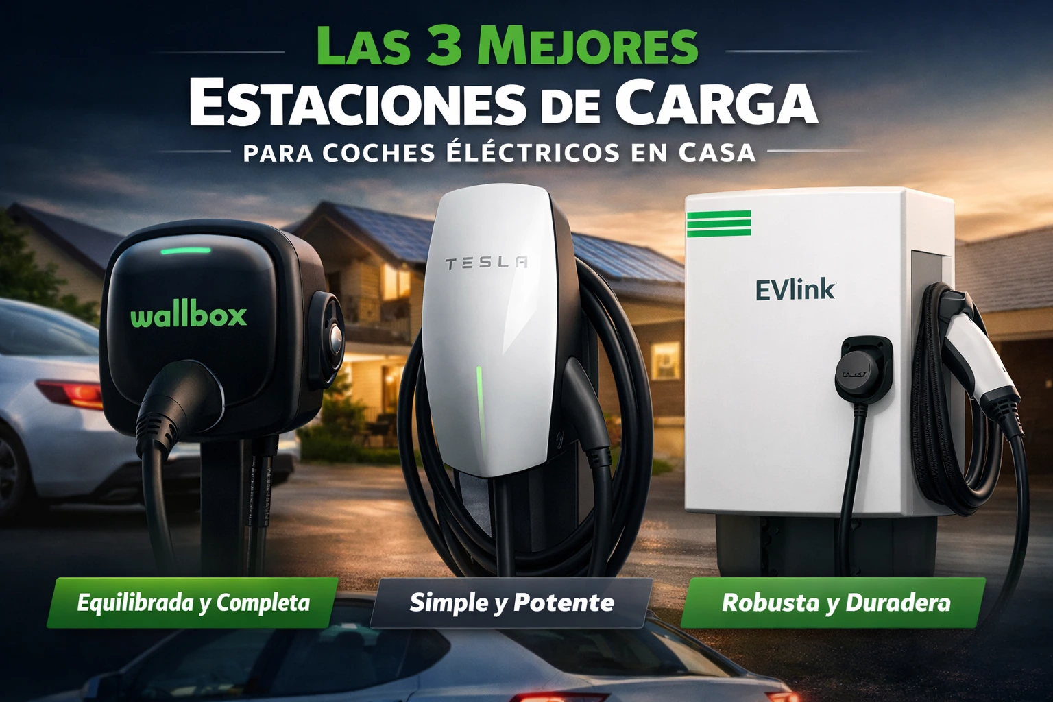Imagem comparativa de carregadores domésticos para carros elétricos: Wallbox Pulsar Plus, Tesla Wall Connector e Schneider EVlink Home.